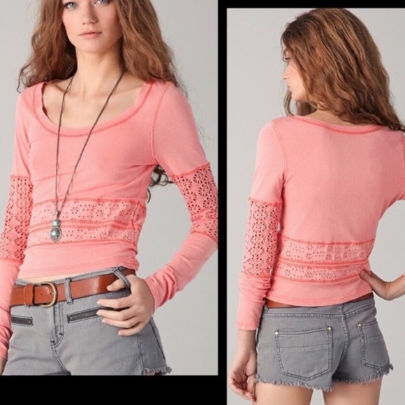 Free People We The Free Peach Semi-Crop Top Eyelet - Picture 2 of 7